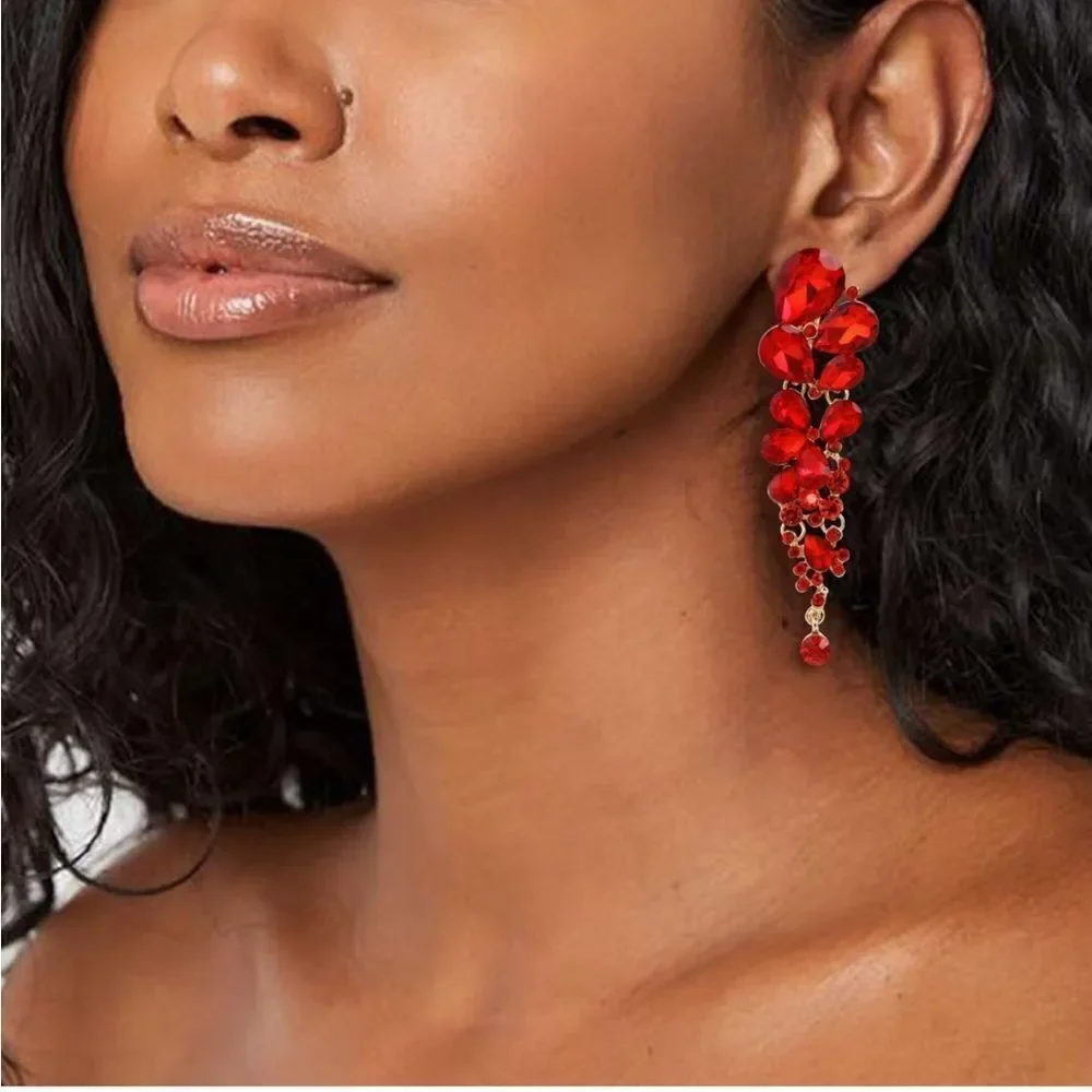 Yellow Gold with Ruby Red Austrian Crystal Chandelier Statement Clip On Earrings